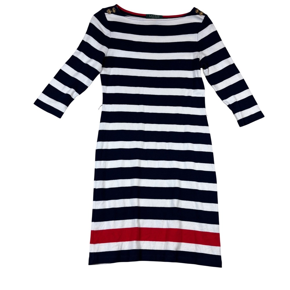 Lauren Ralph Lauren Petite Navy White Striped Anchor Button Dress PS‎ Petite